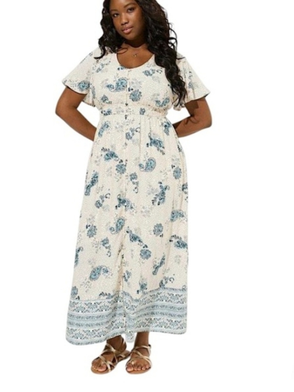 Torrid Cream Floral Button-Front Maxi Dress with Blue Print 2x - Picture 2 of 7